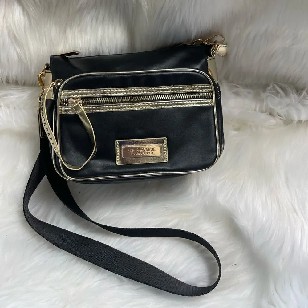 Versace Parfums black small crossbody bag with gold trims accent